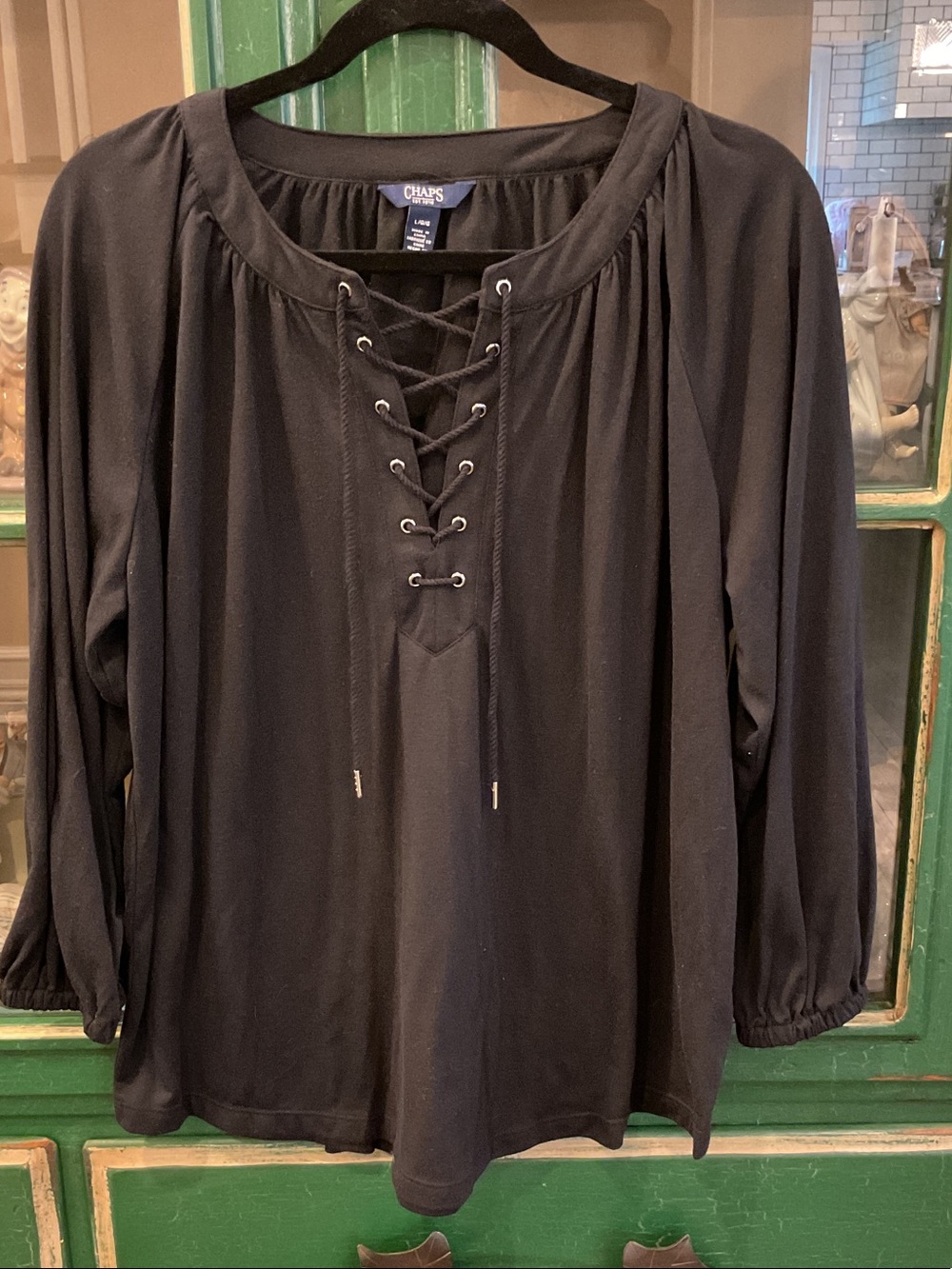 Chaps Black Lace-Up Peasant Top - Long Sleeve Women's Tee
